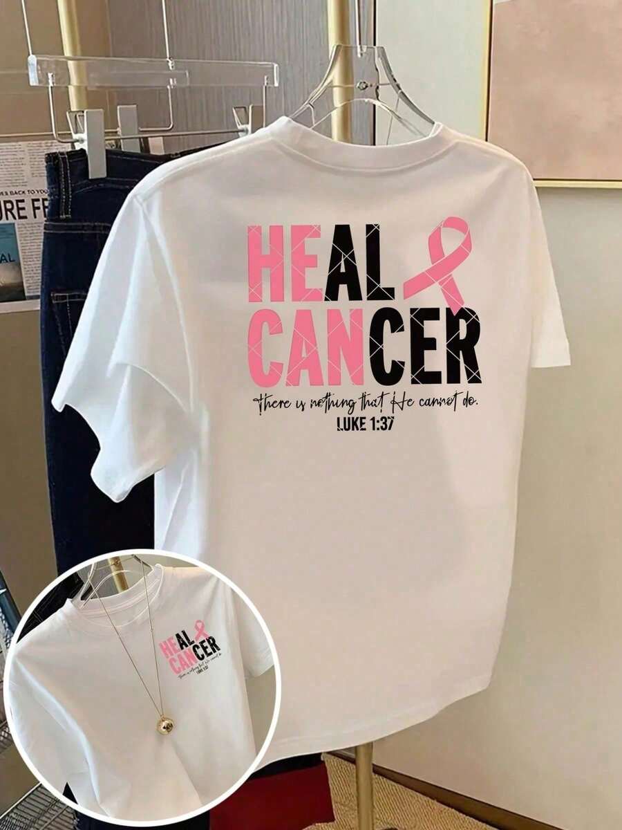 Women's Breast Cancer Awareness T-Shirt - Pink Ribbon & "HEAL CANCER" Slogan With Luke 1:37 Verse, White Short Sleeve Round Neck Top, Fit Casual Wear & Survivor Apparel, Machine Washable Faith-Based Cancer Fighter Shirt - Blanc - Voir 1