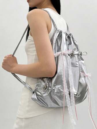 Mochila con cordón de estilo japonés para mujer, mochila tipo cubo casual coreana, mochila de gran capacidad, ligera y resistente al agua de nailon, mochila para deportes al aire libre