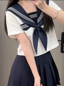 Cosplay Clothing - 紺色三本短袖+短裙+紺金魚結 - 查看 3