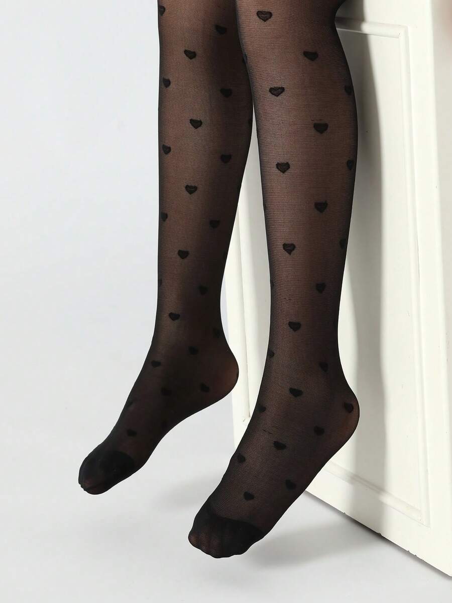 1/2/3/5 双女童紧身裤，儿童紧身裤，婴儿紧身裤，黑色，纯色，儿童舞蹈裤，无脚网眼紧身裤，卡通心形图案，提花薄款，高弹无脚网眼丝袜，网眼袜，舞蹈袜，适合日常穿着，可爱校园风舞蹈裤，春夏四季常规无脚裤，适合学生日常聚会