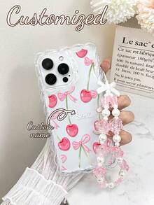 Bow Knot Cherry Customized Name Braided Transparent Painted Minimalist Anti-Drop Thick Phone Protective Case With Printed Wrist Strap, Compatible With IPhone 17/17Pro/17ProMax/17Air, 16/16Pro Max, XR/7/8, 15ProMax, 12ProMax, 13ProMax, 14ProMax, 13, 14, 11, 12P, 14P, 11P, 12P, XS, XR, 7/8P, 7/8GES2, 11Pro, 12Pro, 13Pro, 14Pro, 15Pro, 16Pro - Multicolor - View 4