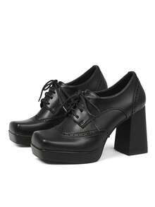 Women's Square Toe Lace-Up Brogue Pumps Fashion Block Chunky High Heels Mixed Colors Patchwork British Style Pumps Woman Oxford Shoes - 黑色 - 查看 7