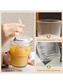 Taza de vidrio con Tapa y Pajita,Juego de Tazas de Café de ,Juego Moderno de Taza de Café Exquisita,Apto Tanto para Frío Como para Calor para Cerveza,Whisky,Capuchino,Té,Leche,Cola - 1 artículo - Ver 11
