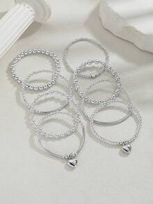 8piece Personalized Simple Silver CCB Beaded Alloy Love Pendant Elastic Line Women's Bracelet Set Suitable For Valentine's Day Gift Mother's Day Gift,Mom,Mother,Mother's Day,Gift - 銀色 - 查看 8