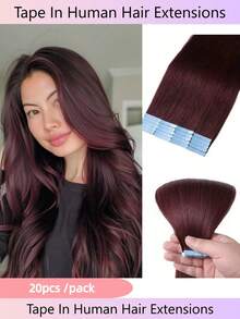 99j# Wine Red Thick Tape In Hair Extensions Human Hair 10-26 Inches 50g 20Pcs/Pack Tape Ins Human Hair Extensions Real Human Hair Tape In Extensions Silky Straight - Burgundy & Đỏ đô - Xem 1