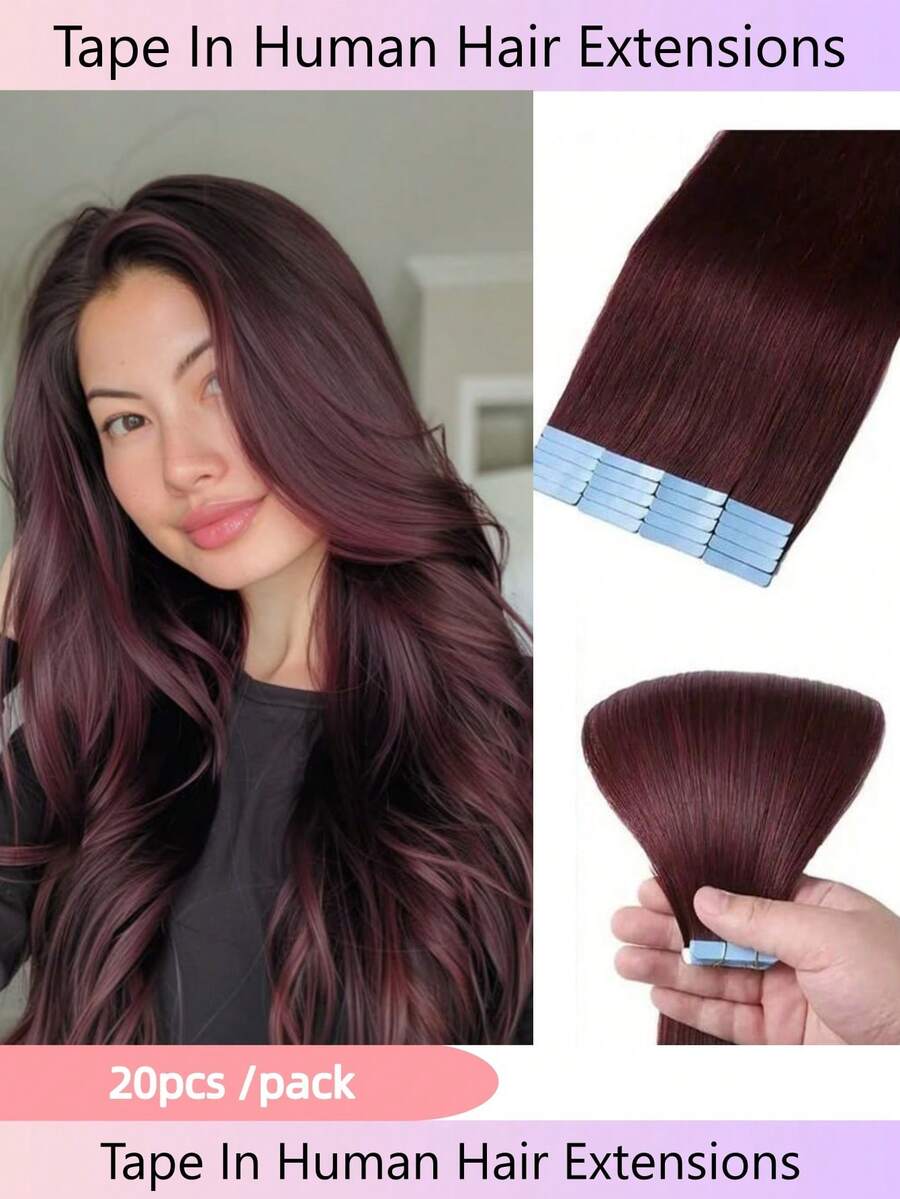 99j# Wine Red Thick Tape In Hair Extensions Human Hair 10-26 Inches 50g 20Pcs/Pack Tape Ins Human Hair Extensions Real Human Hair Tape In Extensions Silky Straight - Burgundy & Đỏ đô - Xem 1