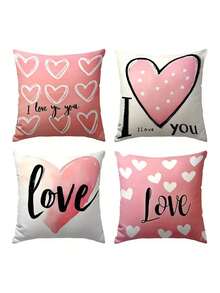 4Pcs Valentine'S Day Themed Cushion Covers, Creative Pattern Single-Sided Print, 100% Polyester Fiber, Zipper Closure, Machine Washable- Ideal For Home And Office Decoration, Valentine'S Day Decoration, Happy Valentine'S Day, Sofa Decoration - Pink - View 2