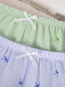 2 piezas Shorts con estampado de lazo a rayas - Verde + Azul, Shorts casuales de descanso para mujer para primavera/verano - Multicolor - Ver 5