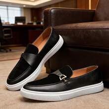 Men's Slip-On Loafers With Buckle Decor, Solid Color Round Toe, Thick Sole, Casual Flat Shoes, Minimalist Style, Suitable For Daily Wear And Streetwear, All Season, Black PU Leather - Black - View 6