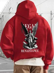 Camiseta con capucha de alta calidad para hombre, 1 unidad, holgada y cómoda, estampado de letras de ángel versátil, ideal para vacaciones, trabajo y uso diario. - Rojo 1 - Ver 1