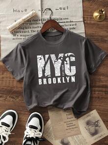 Camiseta de manga corta con cuello redondo y estampado informal para niños preadolescentes, top de verano - Gris Oscuro - Ver 3