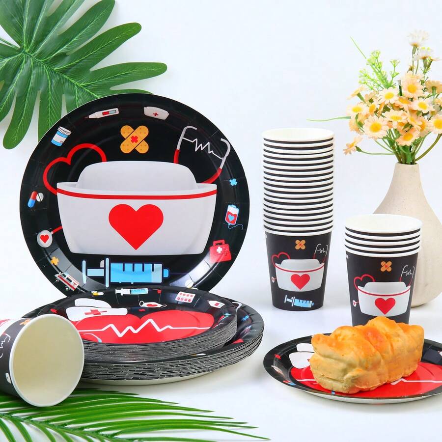 一套一次性护士帽主题餐具，7/9英寸派对餐盘，一次性纸盘和纸杯，适用于节日、婚礼、订婚、生日、派对、庆祝活动 - 彩色 - 查看 1