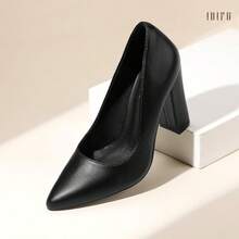 Women's IN4 Chunky Block Heel Pumps - Closed Pointed Toe Office Dress Shoes - Black Nubuck - View 7