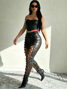 Women Sexy Party PU) Leather Grommet Eyelet Lace Up Pants For Stage & Concert,Cropped Length - 黑色 - 查看 8