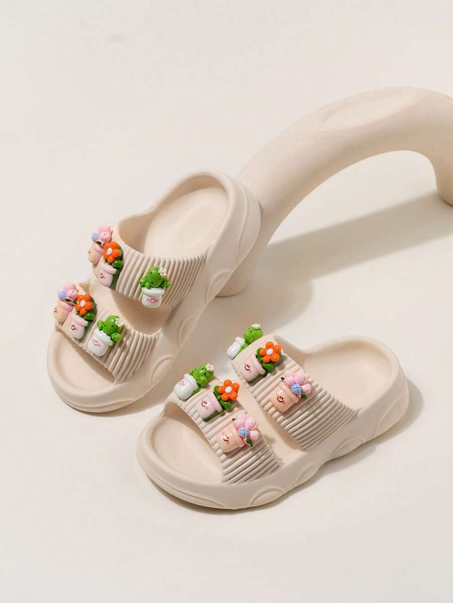 1 Pair Kids/Toddlers Flower Decor EVA Soft Bottom Casual Outdoor Beach Comfortable Slip-On Sandals, Open Toe & Heel, Suitable For Indoor & Outdoor Wear - Beige - View 1