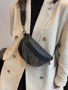 Fashionable Fringed Waist Bag, Spring New Crossbody Shoulder Bag, Korean Style Women Chest Bag - Black - View 2