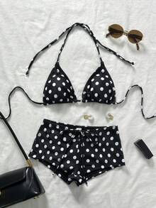 LUCKY HOLIDAY 2026 New Women's Fashion Sexy Triangle Bikini 2-Piece Set, Triangle Bikini Swimsuit With Polka Dot Pattern And Tie Strap, Suitable For Beach Vacation - Black and White - View 2