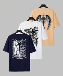 Set Of 3 Men's T-Shirts, 100% Cotton, Printed On The Back: Fantasy Star, Cross, Wings, Gothic, Emo, Dark, Skull Designs. Casual, Basic, Daily Style, Comfortable, Soft, Cool, Streetwear, Skater Style. - 藏青色/白色/卡其色 - 查看 1