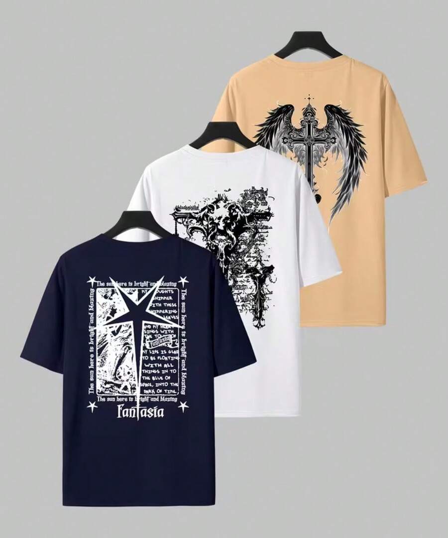 Set Of 3 Men's T-Shirts, 100% Cotton, Printed On The Back: Fantasy Star, Cross, Wings, Gothic, Emo, Dark, Skull Designs. Casual, Basic, Daily Style, Comfortable, Soft, Cool, Streetwear, Skater Style. - 藏青色/白色/卡其色 - 查看 1