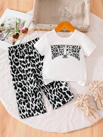 2件套女婴休闲豹纹标语T恤上衣和豹纹直筒裤套装，适合春夏日常穿着