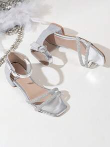 1 Pair Children's Fashion Minimalist High Heel Sandals, Casual Comfortable Girls' Open Toe Dress Sandals - Silver - View 4