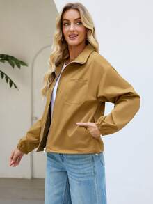 时尚女士梭织面料飞行员夹克，配有抽绳、长袖和前拉链，休闲常规版型 - 卡其色 - 查看 4