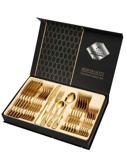 24pcs Stainless Steel Cutlery Set, Elegant Gold-Plated Flatware Set, Reusable Dinner Knife, Fork, Spoon, Tea Spoon For Home And Daily Use, Gift Box