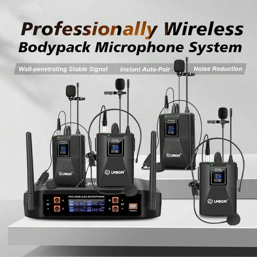 LMBGM Wireless Microphone System Pro 4 Channel 4 Lavalier Bodypacks With 4 Lapel Mic Or 4 Headsets Mic Optional,For Karaoke System Church Speaking Conference Wedding Party.(Halloween Gift) - màu đen - Xem 1