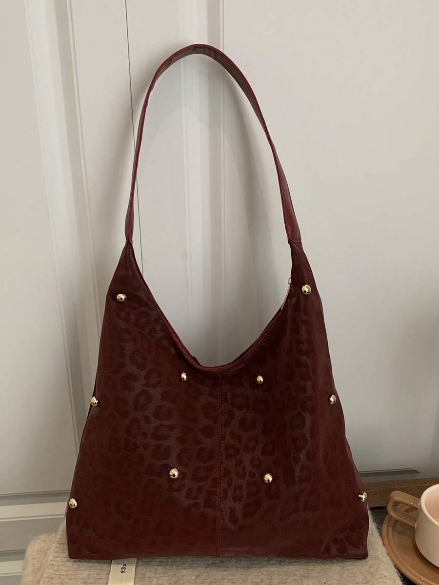2025 Fashion Matte Solid Color Punk Rivet Commuter Tote Bag, Minimalist Niche Underarm Bag, Stylish Large Capacity Shoulder Bag - Burgundy - View 1