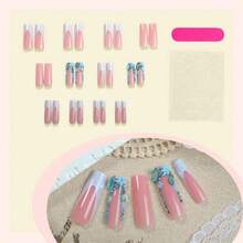 A 24-Piece Wearing Armor Blue French Edge Flower Rhinestone Ins Wind Advanced Sense Fake Nails - 藍色 - 查看 3