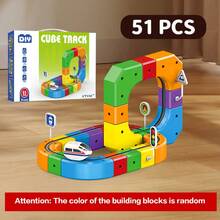 51pcs DIY Track Building Blocks Set With Train And Traffic Signs, STEM Toy Magic Track Cube Blocks Train Track Car Electric High-Speed Rail Track Toy For Toddlers And Kids, 3-8 Years Old Boys And Girls, Birthday Party Gift (Random Color Of Building Blocks)