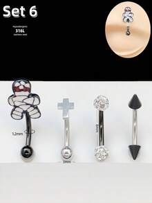 4pcs/Set Punk Goth 16g Eyebrow Ring Cross Spider Ghost Curved Barbell Cartilage Tragus Eyebrow Piercing Jewelry Mushroom Eye Labret Lip Jewelry Heart Devil Daith Tragus Rook Helix Earring Navel Small Belly Button Ring Eyebrow Lip Studs For Women Men Daily Party Wear
