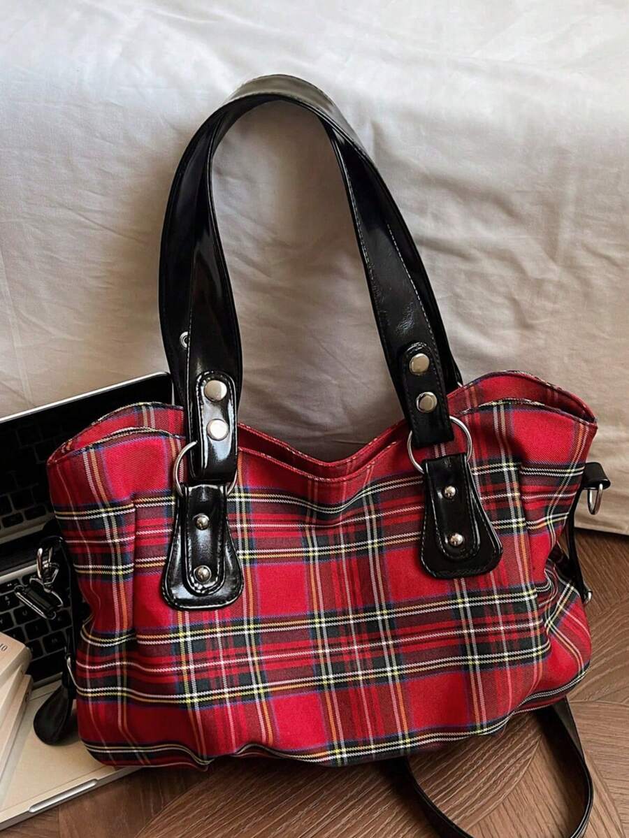 Plaid Tote Bag For Women, Large Capacity Commuter Handbag With Rhinestone Decor, Unique Shoulder Bag - Burgundy - View 1