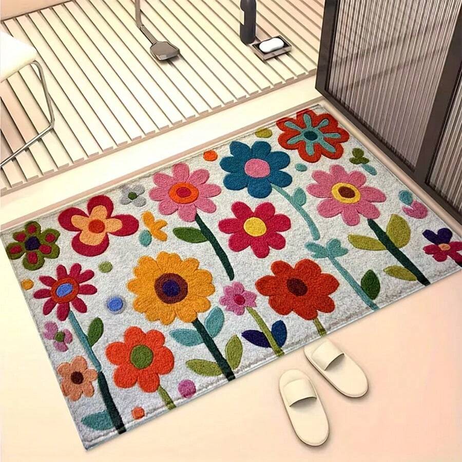 1pc Elegant Floral Pattern Super Soft Microfiber Bath Mat, Non-Slip Plush Bathroom Rug, Door Mat, Absorbent Bath Mat, Machine Washable, Low Pile, TPR Backing, Knitted Fabric, Suitable For Bathroom, Bedroom, Kitchen, Entryway, Indoor & Outdoor Use, Home Decor, Bathroom Accessories & Decoration, Perfect Housewarming Gift - Multicolor - View 1