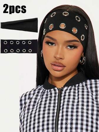 2pcs Solid Black Y2K Hollow Metal Hoop Punk Retro Style Sports Yoga Headband Sweatband Elastic Hair Band For Men & Women Running Fitness