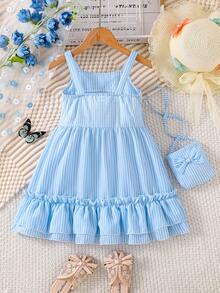 Conjunto de vestido de tirantes a rayas azul y blanco para niña, con gran lazo decorativo y bolso a juego, con volantes, fresco y dulce - Azul - Ver 3