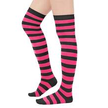 Zando Womens Thigh High Socks Striped High Knee Socks Knee High Socks For Cosplay Long Socks Over The Knee Leg Warmers,OneSize,HotPinkBlack - 亮粉色黑色 - 查看 4