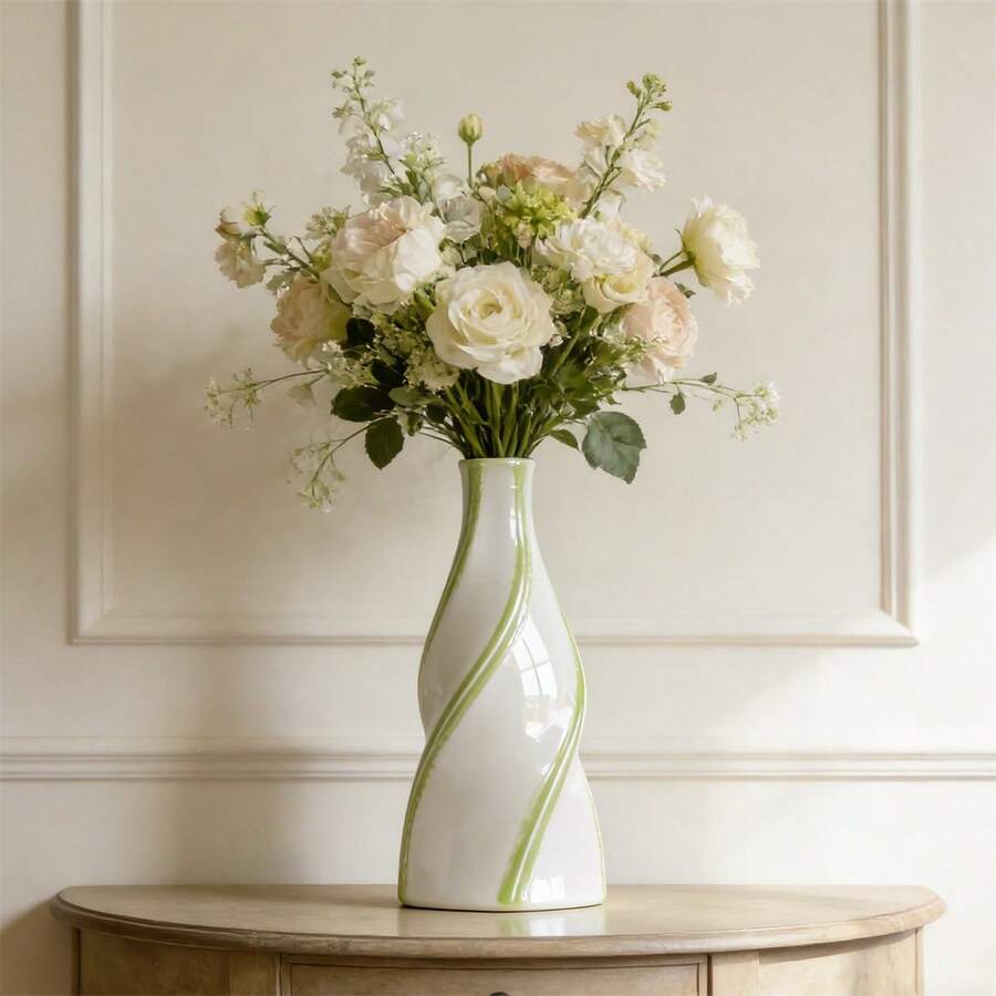Ceramic Vase Geometric Spiral Vase Flower Holder For Home Office Shelf Table Living Room - màu xanh lá - Xem 1