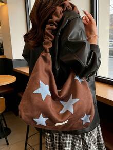 新款丝绒女士时尚星形印花可调节肩带斜挎包，休闲慵懒风单肩包，工作购物两相宜，秋冬款 - 彩色 - 查看 3