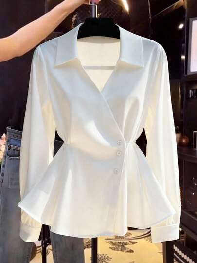 女式春秋新款纯色法式V领系带腰休闲长袖衬衫