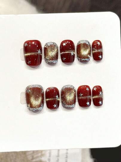 10pcs Handmade Acrylic Press On Nails, Red Nails, Gold/Silver Glitter & Star Fake Nails, Short Square Fake Nails, French Nails, DIY Nail Art Supplies, Reusable, With Jelly Glue And Nail File, Suitable For Daily Wear, Valentine's Day Nail Art, Y2K Music Festival