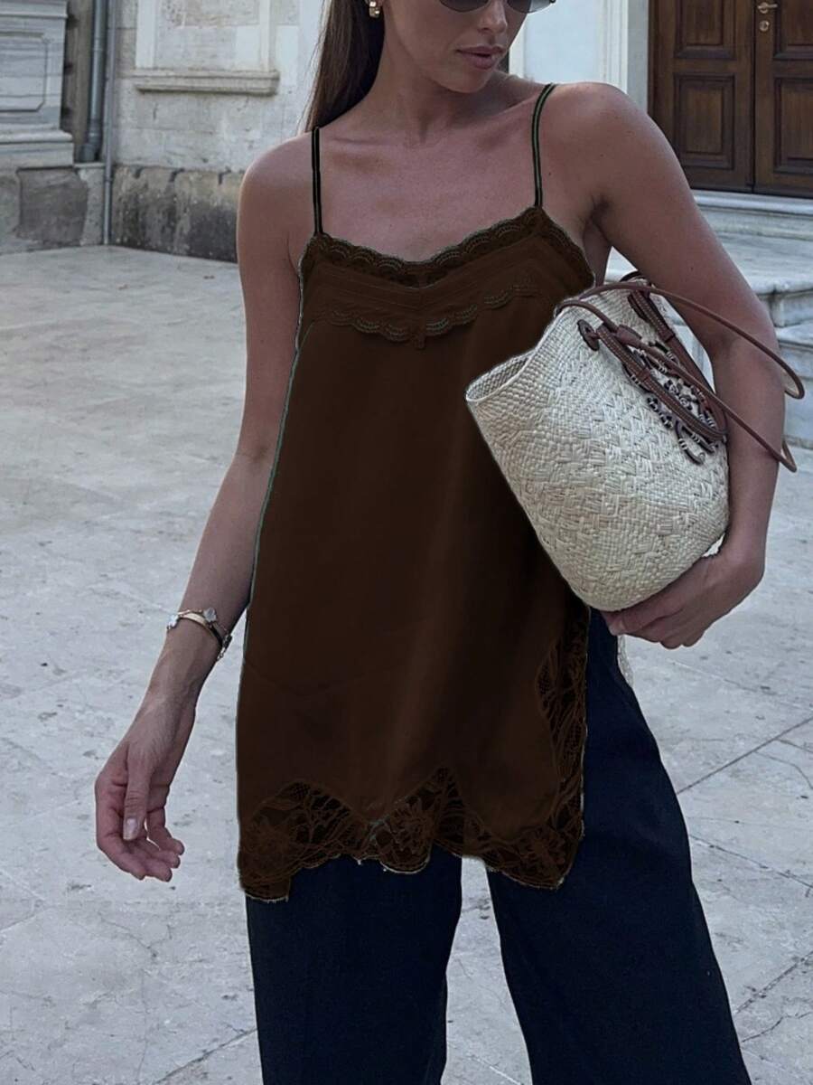 Women's Y2K Lace Camisole Lightweight Cute Lace Trim Tops Sleeveless Square See Through Tank Tops Sheer Spaghetti Strap Sling Layered Cami Tops Elegant Lace Tee Shirt Vintage Party Going Out Clothes For SummerLace Patchwork Blouse - 深棕 - 查看 1