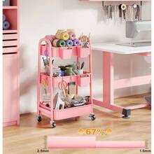 3 Tier Rolling Cart Metal With Wheels, Heavy Duty White Three Tiered Cart Organizer On Wheels, Utility Roller Storage Carts Art, Nursery, Diaper Caddy, Snack, Book, Nail, Cleaning Supplies - 柔粉紅 + 三層 + 杯子 + 掛鉤 - 查看 7
