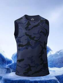 Camouflage Sleeveless Vest Men, Sports T-Shirt, Wide Shoulder Fitness Tank Top, Summer - Blue - View 3
