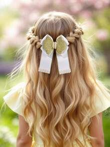 2pcs Delicate White & Gold Ribbed Hair Bows For Girls - Glitter Gold Bow & Pearl Trim Hair Clips ,Alligator Clips ,Kids Teens Hair Barrettes , Luxe Gentle Daily Hair Accessories - Multicolor - View 8