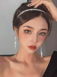 1件装锆石几何心形链条流苏发箍，优雅飘逸的女士垂坠头饰 - 銀色 - 查看 1