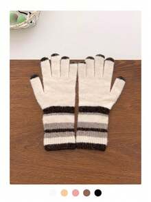 1 paire de gants tactiles arc-en-ciel doublés de thermique, moufles tricotées chaudes à cinq doigts pour femmes, automne/hiver, convient pour le cyclisme, la conduite, la moto - Gants en polaire à rayures colorées - Voir 9