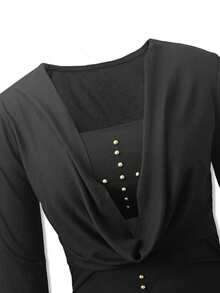 2pcs/Set Sexy Low Neck Long Sleeve Slim Fit Studded Crop Top - Black - View 10