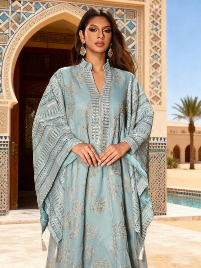 Women's Solid Color Embroidered Leaf Embroidered Elegant Dress With Oversized Cuffs, Random Embroidery,Modest