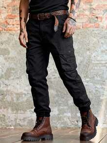 2026 New Men's Black Cargo Pants, Couple's Tactical Style Multi-Pocket Slim Fit Ankle-Tied Cargo Pants, Streetwear Slim Fit Everyday Versatile Cargo Pants, Suitable Gift For Husband/Boyfriend - Black - View 4